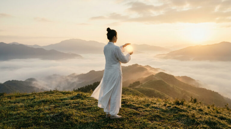Practitioner cupping a glowing orb of qi energy at golden sunrise over misty mountain valley