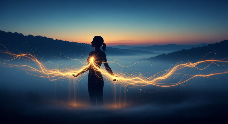 Luminous golden qi energy flowing outward from a serene figure, representing qi and manifestation