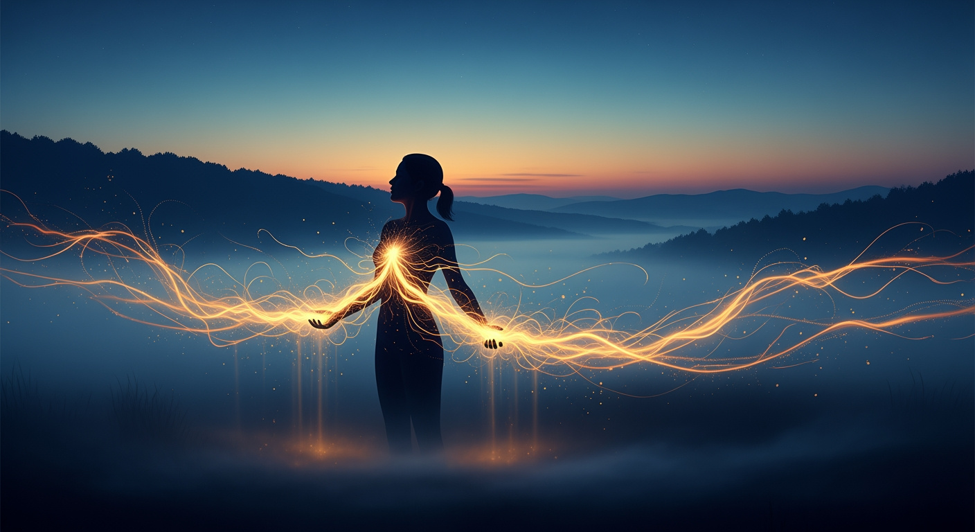 Luminous golden qi energy flowing outward from a serene figure, representing qi and manifestation