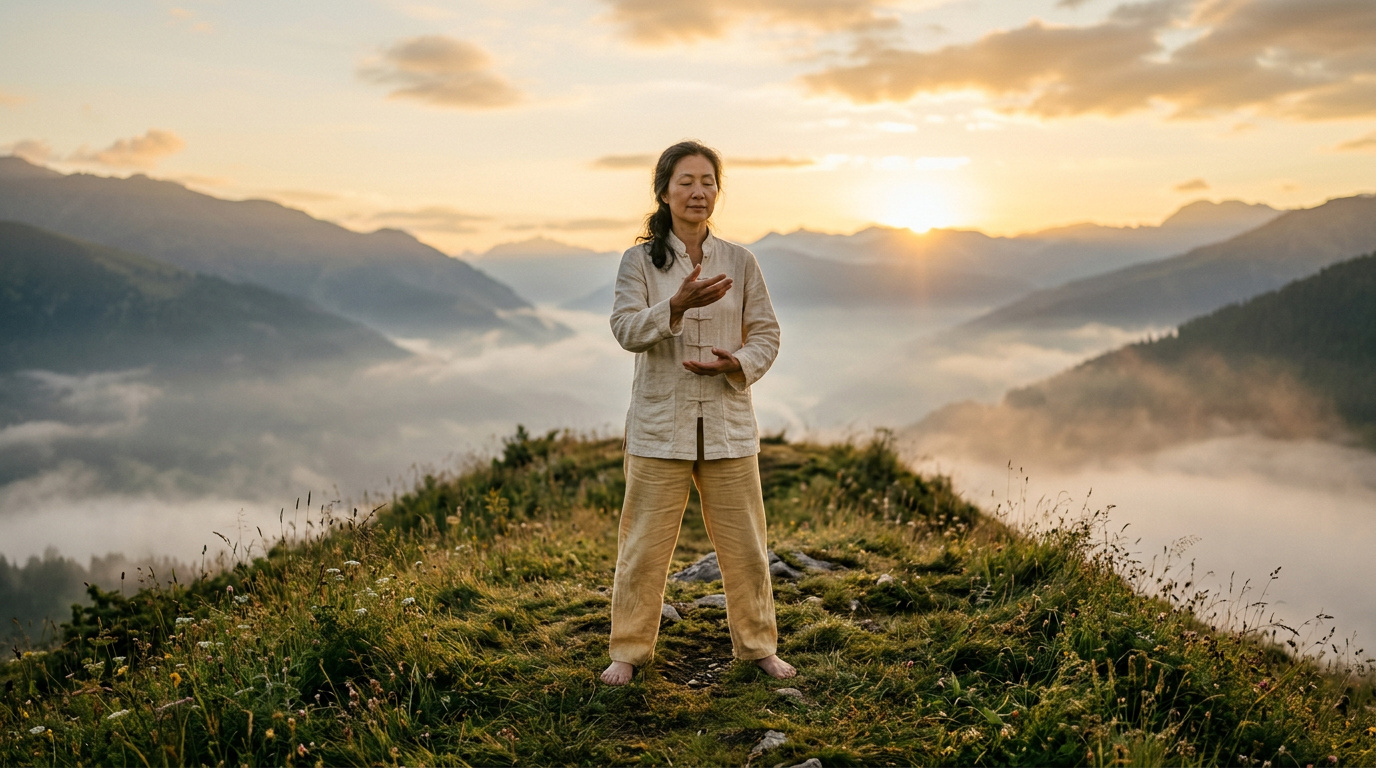 One qigong practitioner standing in calm Wuji posture on a hilltop at golden-hour sunrise